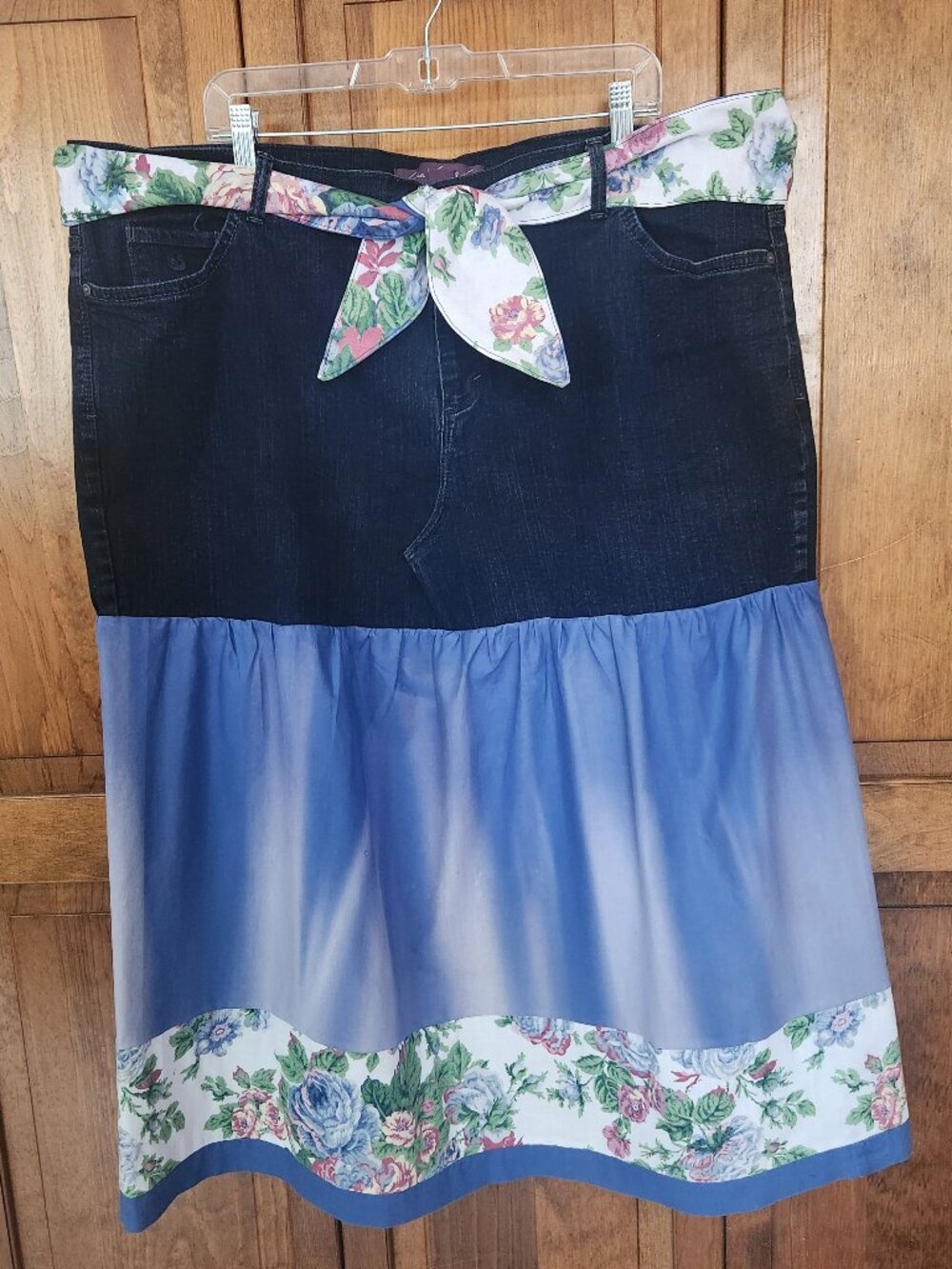 Upcycled Gloria Vanderbilt Denim Skirt & Sash Belt Sz 22W One of a Kind Ombre - Picture 1 of 12
